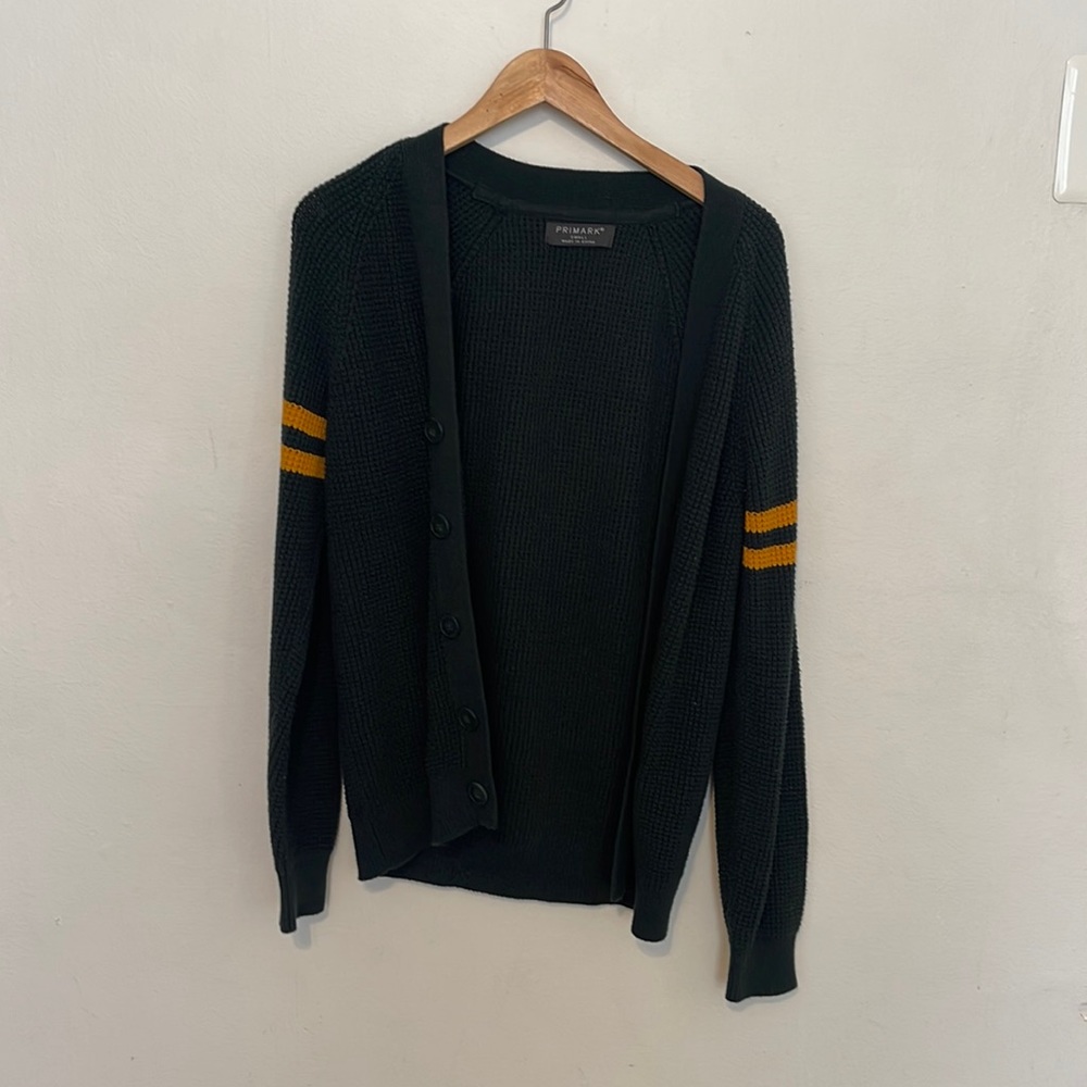 Primark Cardigan green with yellow (mustard) color stripes.